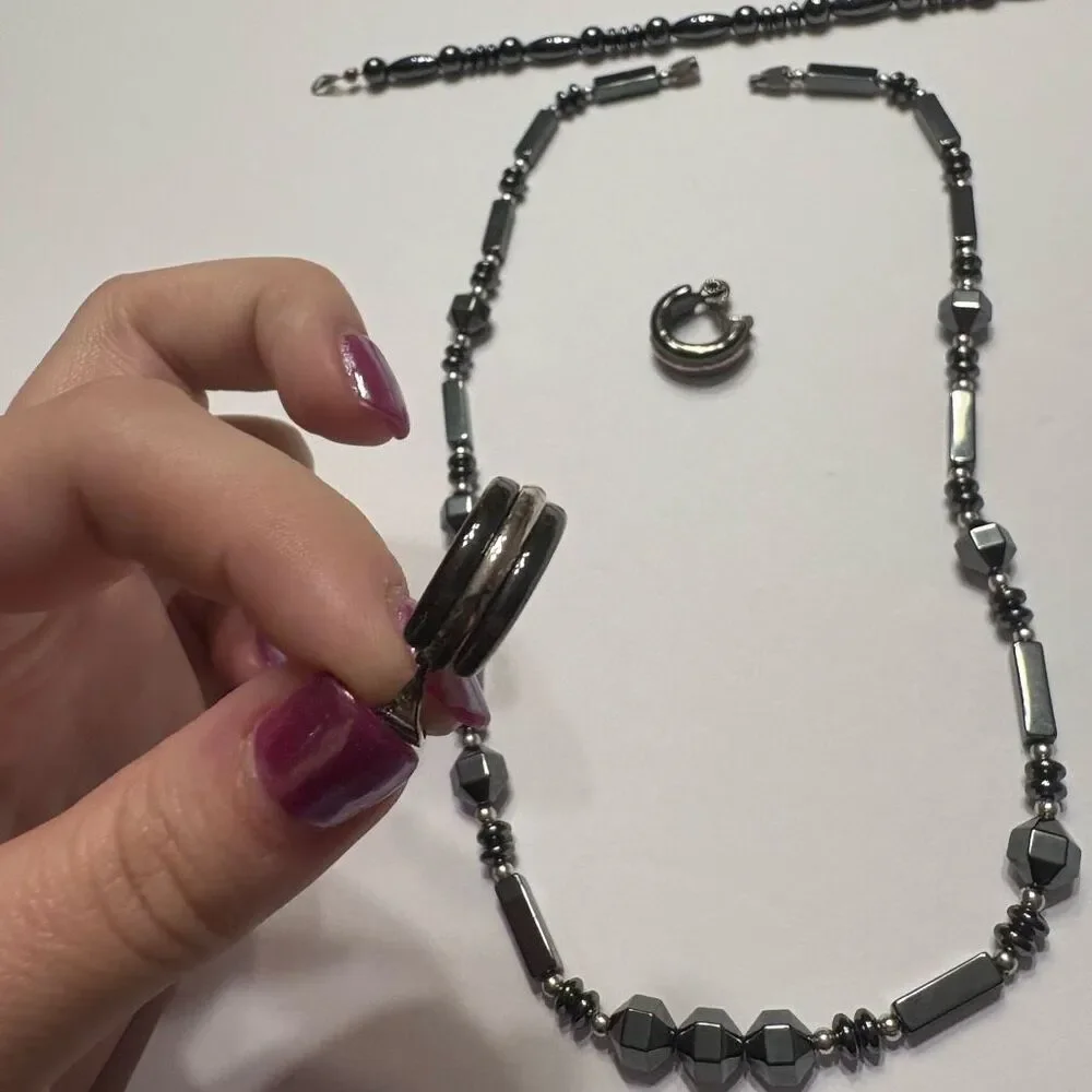 Women Hematite Style Beaded Necklace Beaded Bracelet and Small Clip on Earrings